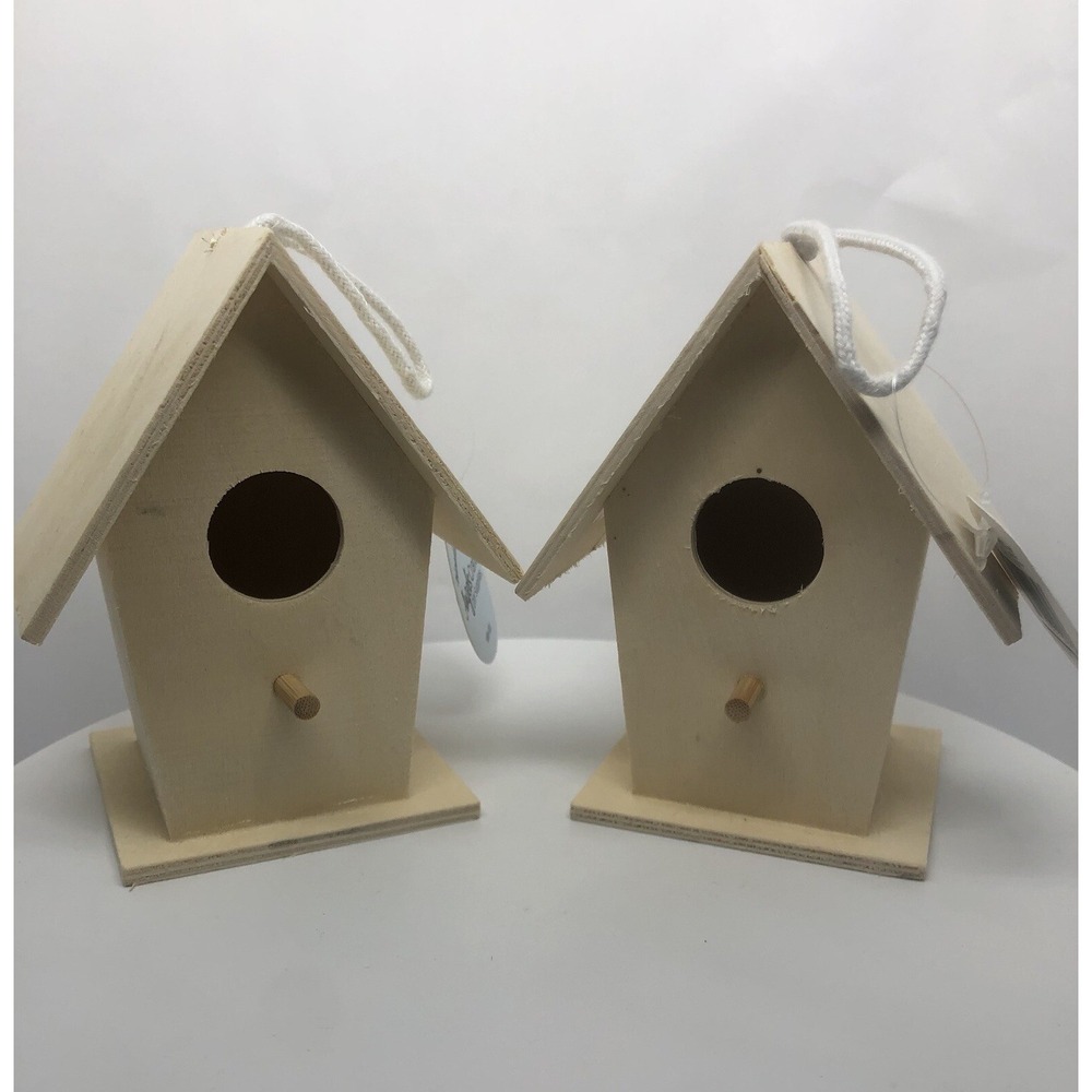 2 Wooden‎ Birdhouses 4.5" Lightweight Ready To Paint With Hanging Loops Crafts
